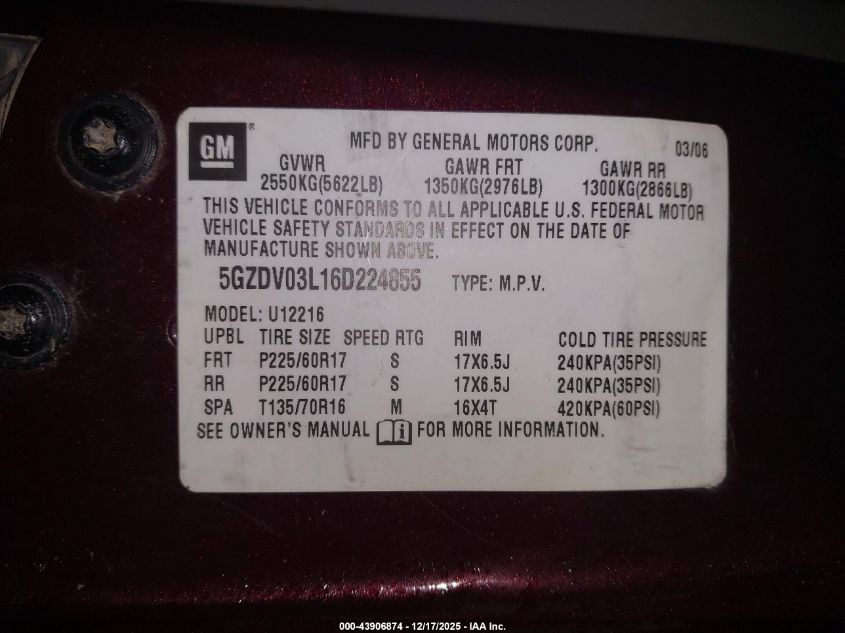 2006 Saturn Relay VIN: 5GZGV03L16D224855 Lot: 43906874