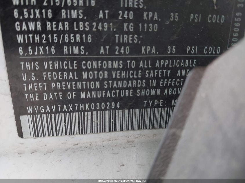 2017 Volkswagen Tiguan 2.0T/2.0T S VIN: WVGAV7AX7HK030294 Lot: 43906875