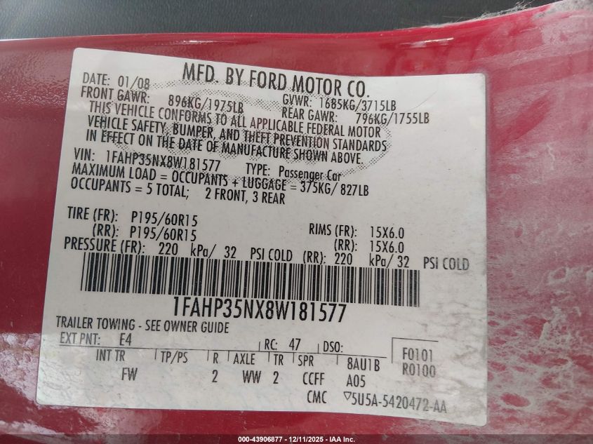 2008 Ford Focus Se/Ses VIN: 1FAHP35NX8W181577 Lot: 43906877