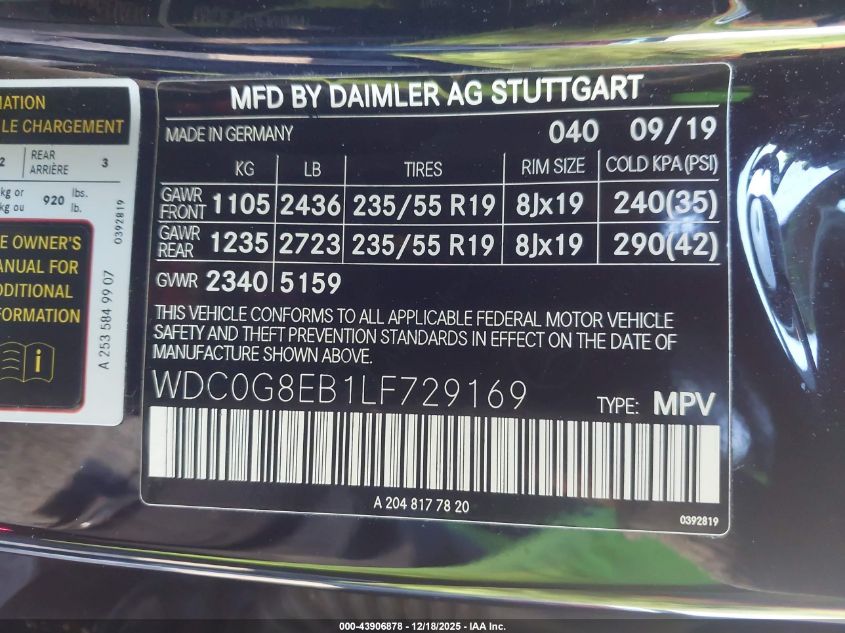 2020 Mercedes-Benz Glc 300 4Matic VIN: WDC0G8EB1LF729169 Lot: 43906878