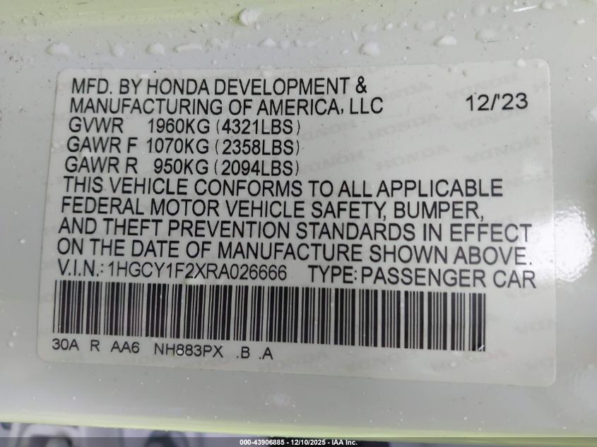 2024 Honda Accord Lx VIN: 1HGCY1F2XRA026666 Lot: 43906885