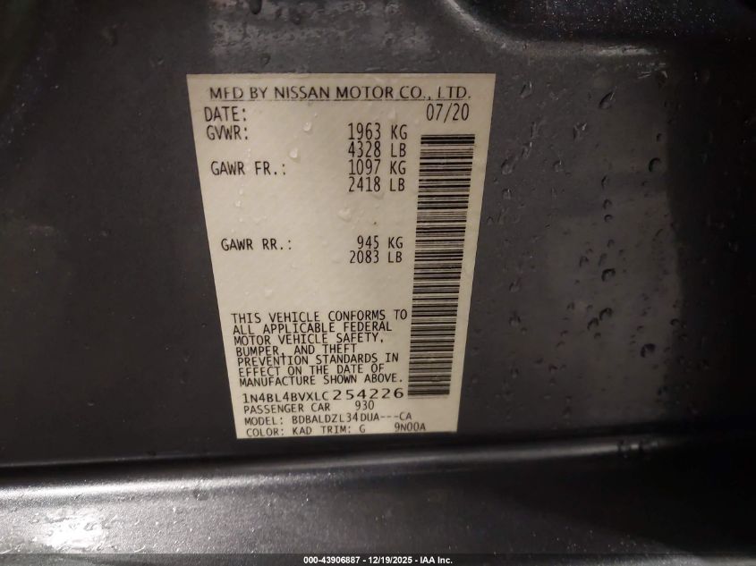 2020 Nissan Altima S Fwd VIN: 1N4BL4BVXLC254226 Lot: 43906887