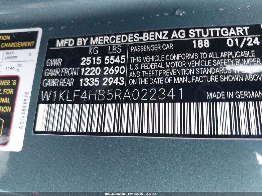 2024 Mercedes-Benz E 350 VIN: W1KLF4HB5RA022341 Lot: 43906888