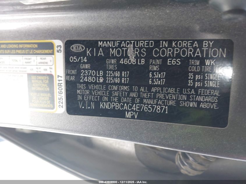 2014 Kia Sportage Lx VIN: KNDPBCAC4E7657871 Lot: 43906900