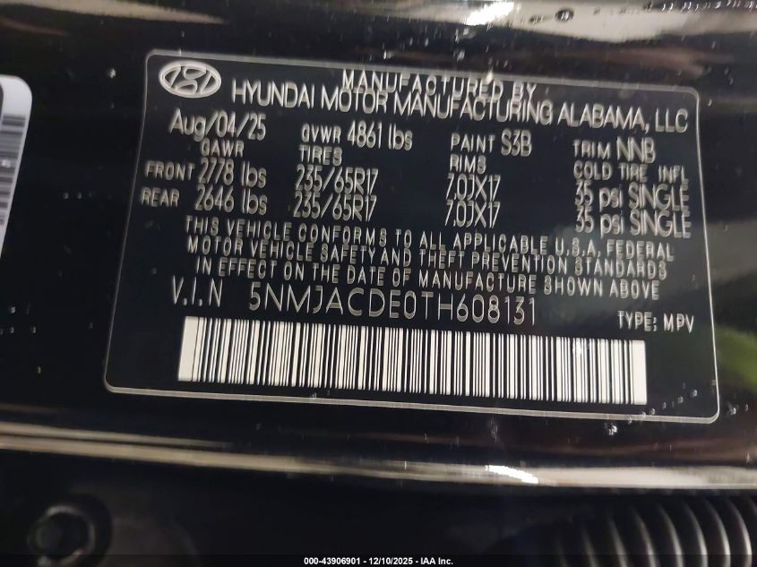 2026 Hyundai Tucson Se VIN: 5NMJACDE0TH608131 Lot: 43906901