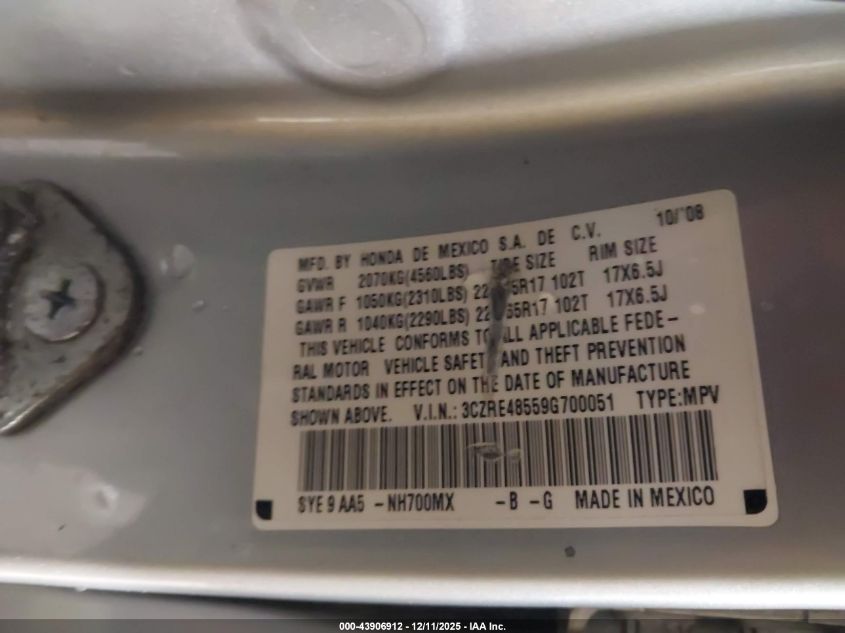 2009 Honda Cr-V Ex VIN: 3CZRE48559G700051 Lot: 43906912