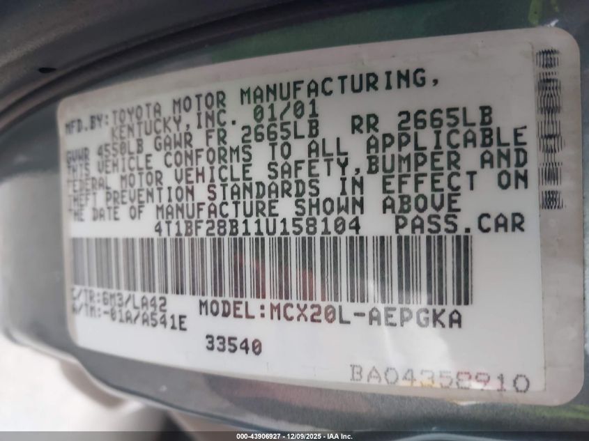 2001 Toyota Avalon Xls VIN: 4T1BF28B11U158104 Lot: 43906927