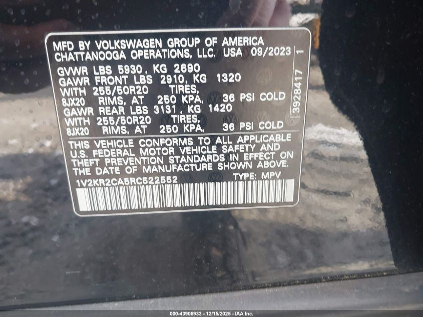 2024 Volkswagen Atlas 2.0T Se W/Technology VIN: 1V2KR2CA5RC522552 Lot: 43906933