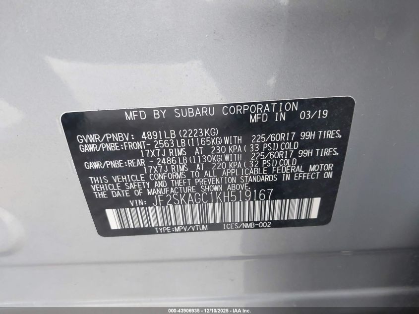 2019 Subaru Forester Premium VIN: JF2SKAGC1KH519167 Lot: 43906935