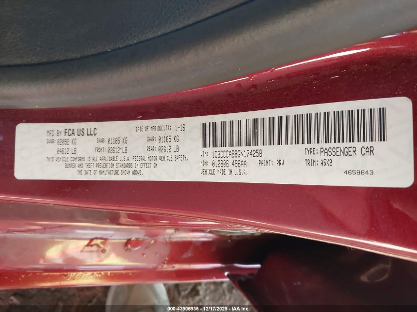 2016 Chrysler 200 Limited VIN: 1C3CCCAB8GN174258 Lot: 43906936