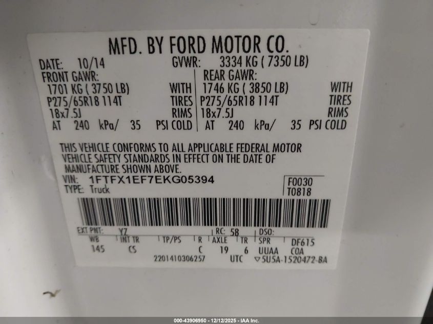 2014 Ford F-150 Stx VIN: 1FTFX1EF7EKG05394 Lot: 43906950