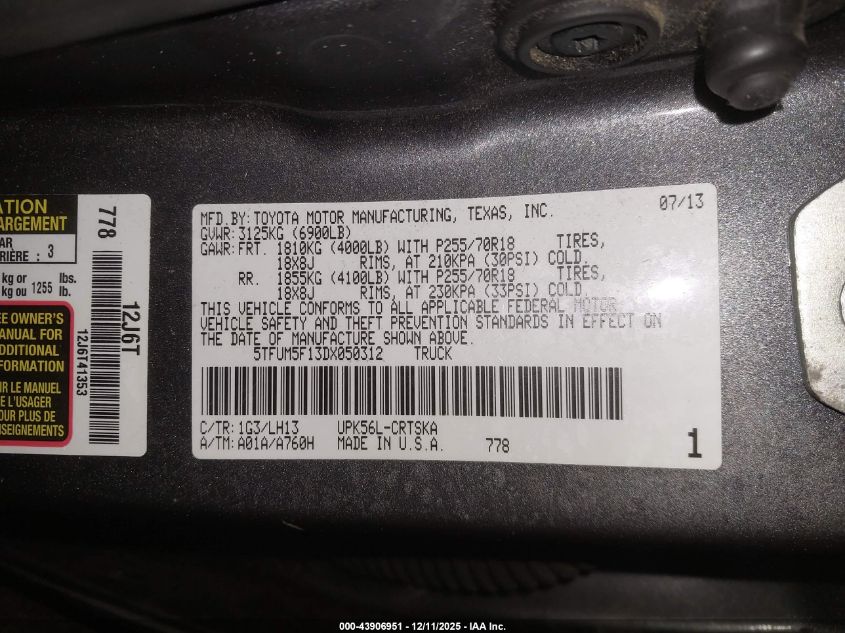 2013 Toyota Tundra Grade 4.6L V8 VIN: 5TFUM5F13DX050312 Lot: 43906951