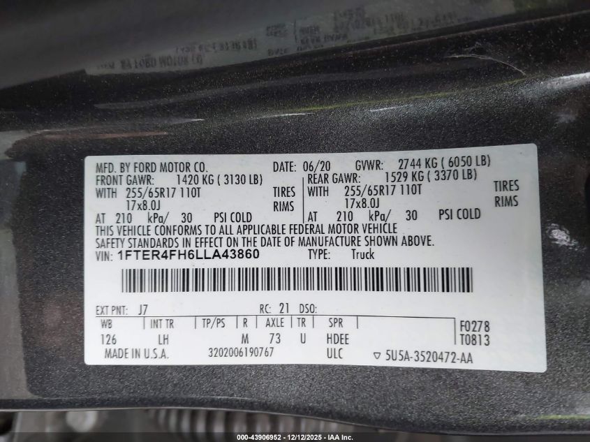 2020 Ford Ranger Xl/Xlt/Lariat VIN: 1FTER4FH6LLA43860 Lot: 43906952