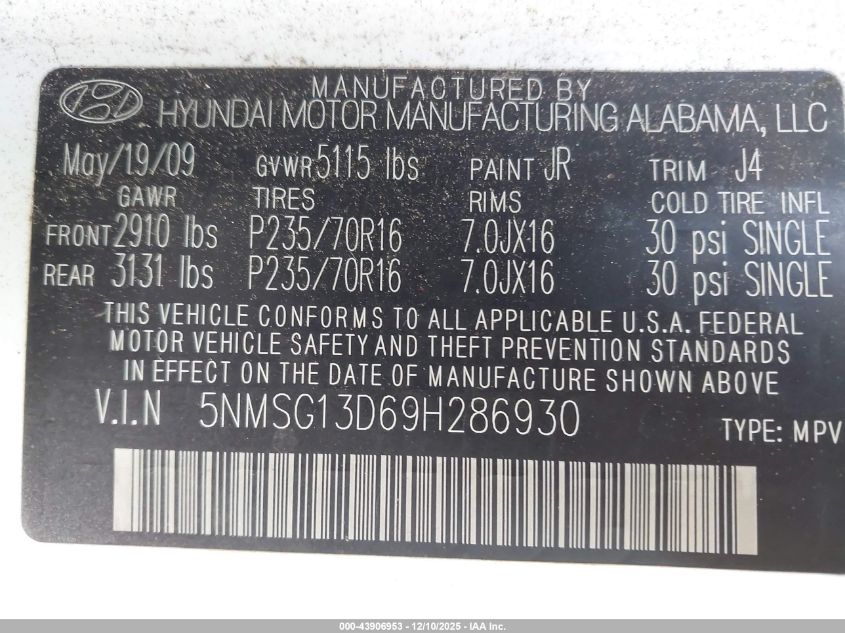 2009 Hyundai Santa Fe Gls VIN: 5NMSG13D69H286930 Lot: 43906953