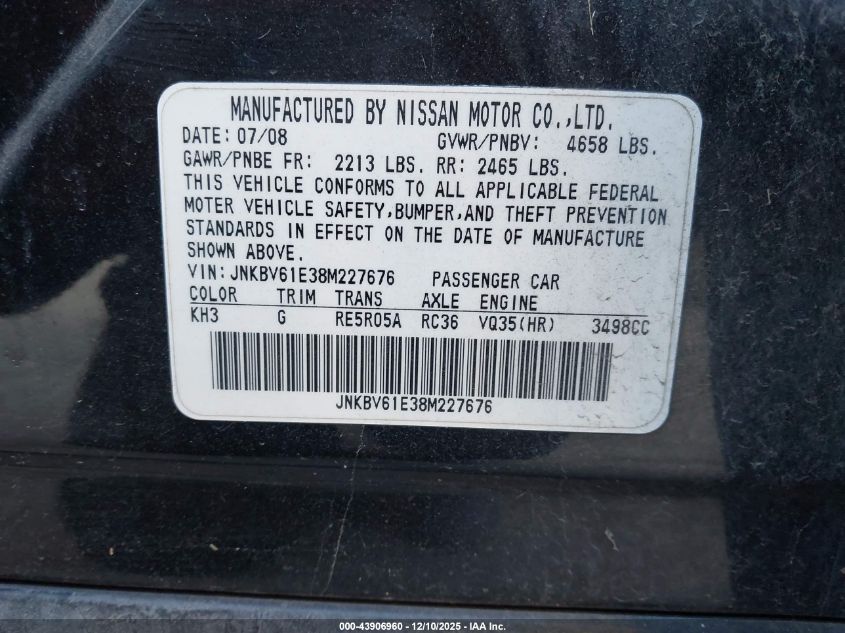 2008 Infiniti G35 Journey VIN: JNKBV61E38M227676 Lot: 43906960