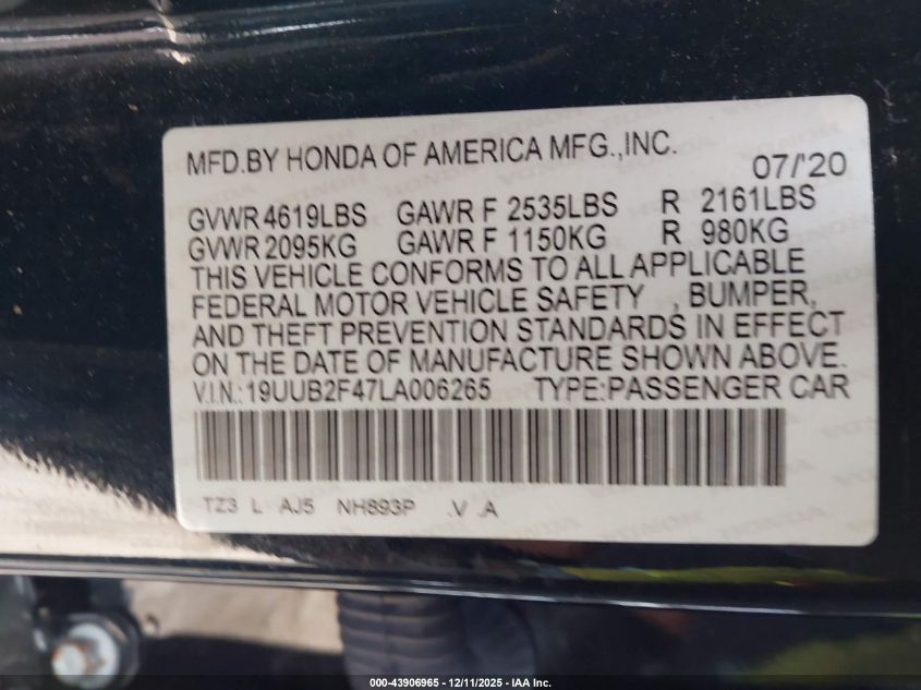 2020 Acura Tlx Tech Package VIN: 19UUB2F47LA006265 Lot: 43906965