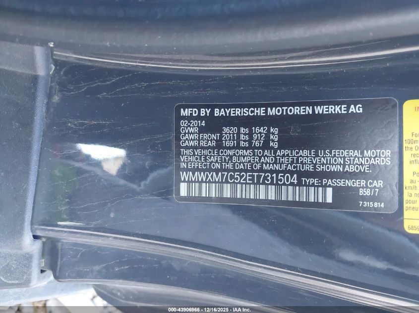 2014 Mini Hardtop Cooper S VIN: WMWXM7C52ET731504 Lot: 43906966