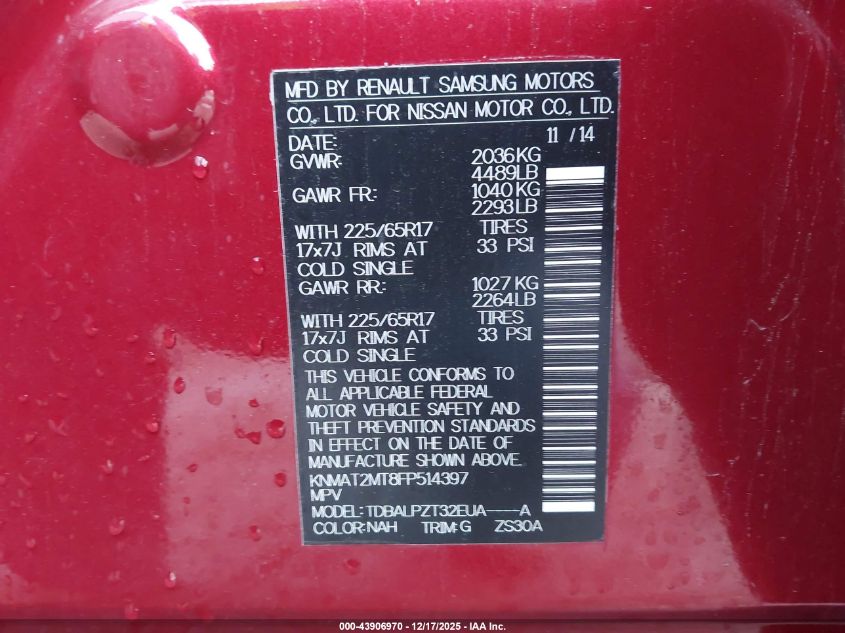 2015 Nissan Rogue S VIN: KNMAT2MT8FP514397 Lot: 43906970