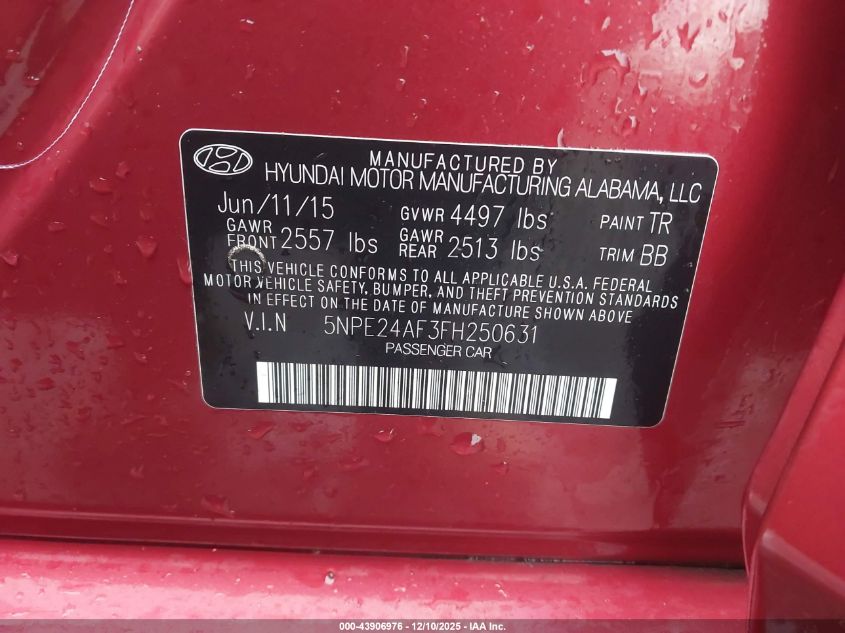 2015 Hyundai Sonata Se VIN: 5NPE24AF3FH250631 Lot: 43906976