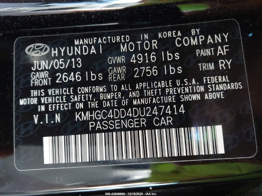 2013 Hyundai Genesis 3.8 VIN: KMHGC4DD4DU247414 Lot: 43906986