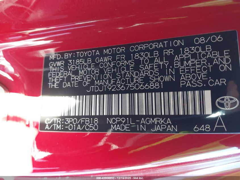 2007 Toyota Yaris VIN: JTDJT923675066881 Lot: 43906993