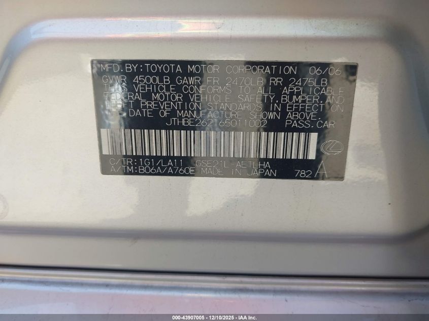 2006 Lexus Is 350 VIN: JTHBE262165011002 Lot: 43907005