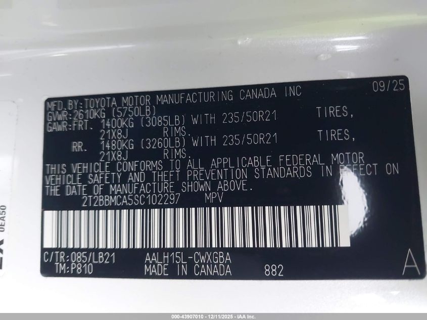 2025 Lexus Rx 350H Premium Plus VIN: 2T2BBMCA5SC102297 Lot: 43907010