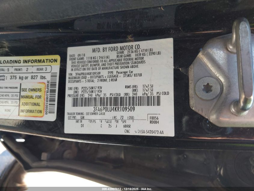 2019 Ford Fusion Hybrid Se VIN: 3FA6P0LU4KR109509 Lot: 43907012