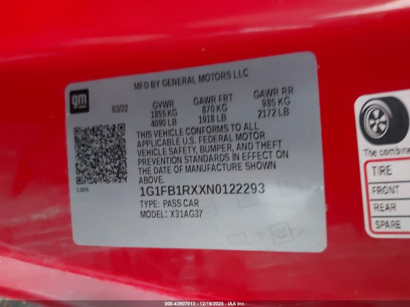 2022 Chevrolet Camaro Rwd 1Lt VIN: 1G1FB1RXXN0122293 Lot: 43907013