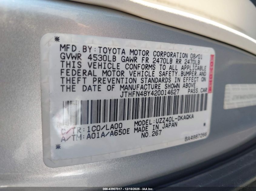 2002 Lexus Sc 430 VIN: JTHFN48Y420014627 Lot: 43907017