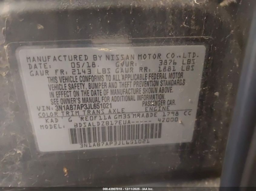 2018 Nissan Sentra Sv VIN: 3N1AB7AP3JL651021 Lot: 43907018