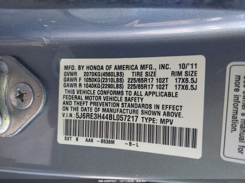 2011 Honda Cr-V Se VIN: 5J6RE3H44BL057217 Lot: 43907021