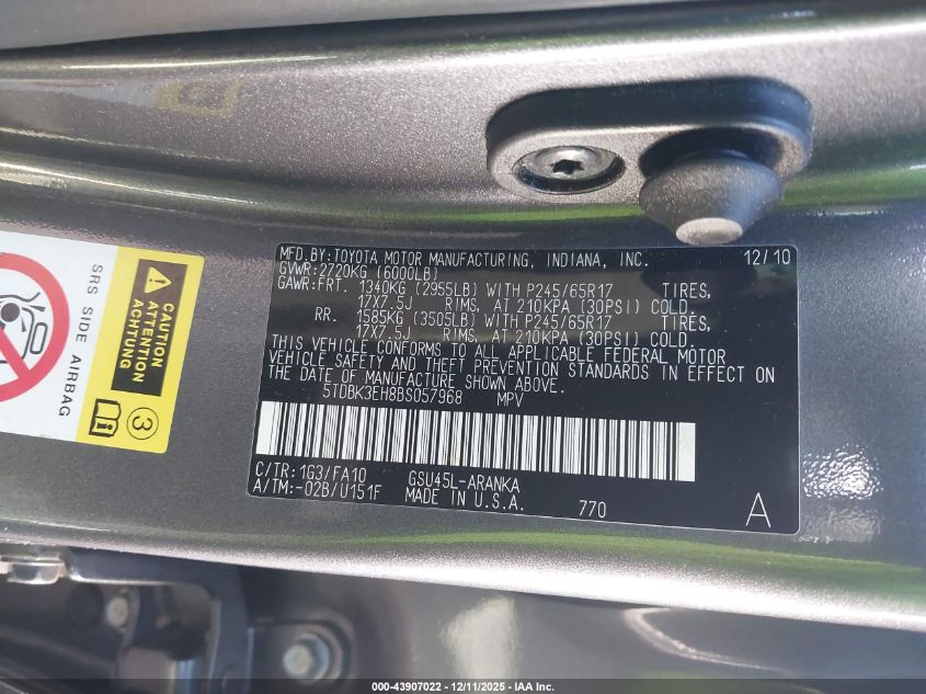 2011 Toyota Highlander Base V6 VIN: 5TDBK3EH8BS057968 Lot: 43907022