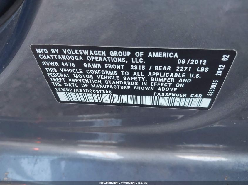2013 Volkswagen Passat 2.5L Se VIN: 1VWBP7A31DC037386 Lot: 43907028