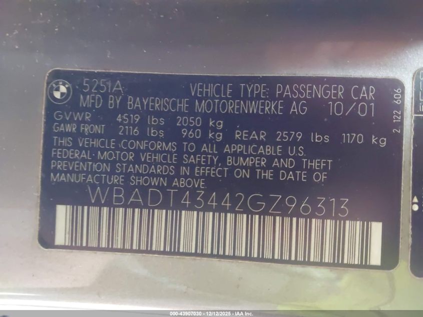 2002 BMW 525Ia VIN: WBADT43442GZ96313 Lot: 43907030