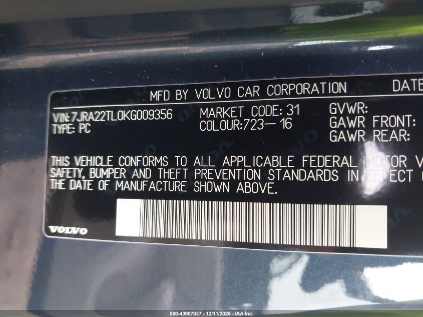 2019 Volvo S60 T6 Inscription VIN: 7JRA22TL0KG009356 Lot: 43907037