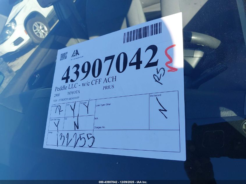 2008 Toyota Prius VIN: JTDKB20U483410649 Lot: 43907042