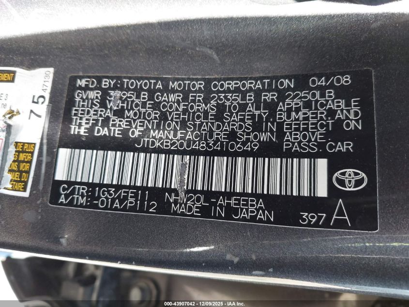 2008 Toyota Prius VIN: JTDKB20U483410649 Lot: 43907042