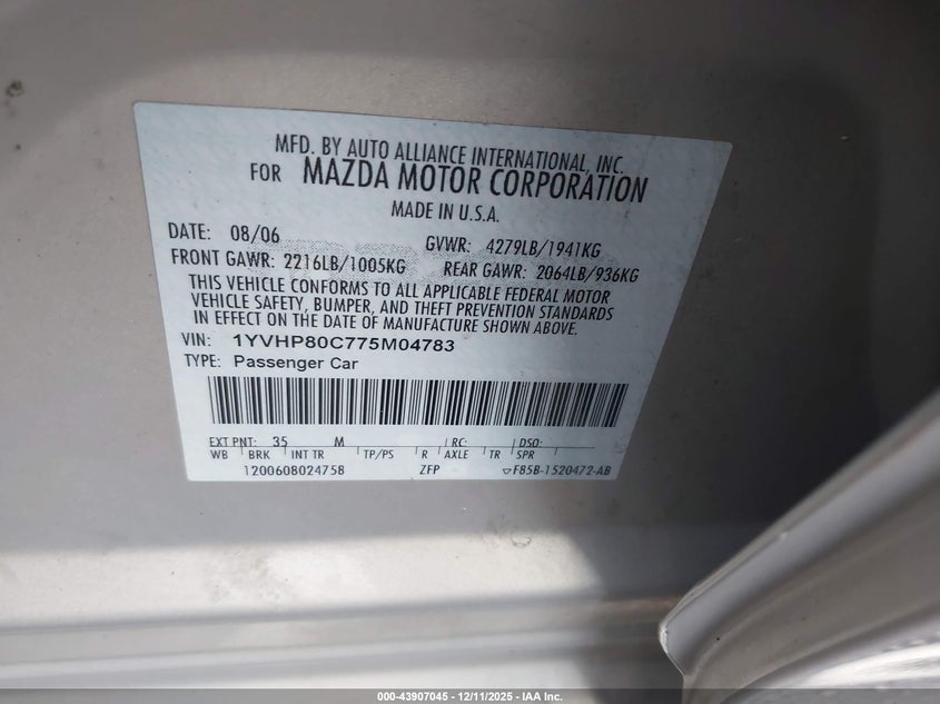 1YVHP80C775M04783 2007 MAZDA 6 photo no. 9