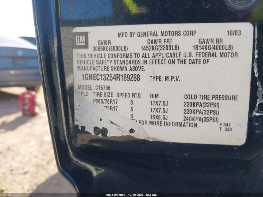 2004 Chevrolet Tahoe Lt VIN: 1GNEC13Z54R169288 Lot: 43907048