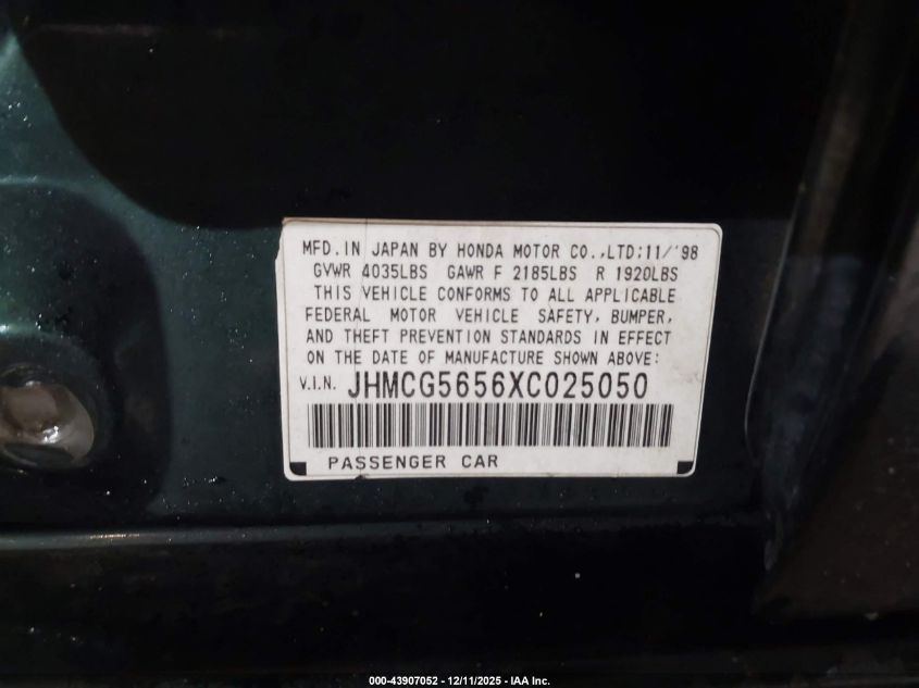 1999 Honda Accord Ex VIN: JHMCG5656XC025050 Lot: 43907052