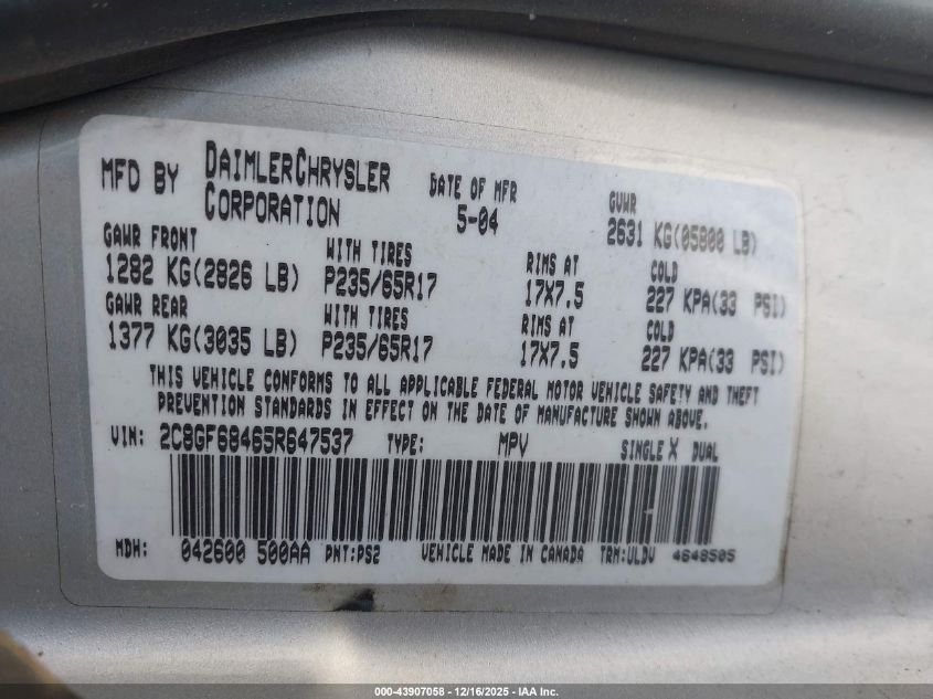 2005 Chrysler Pacifica Touring VIN: 2C8GF68465R647537 Lot: 43907058