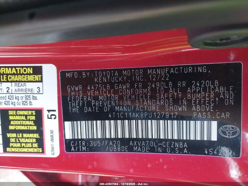 2023 Toyota Camry Le VIN: 4T1C11AK8PU127917 Lot: 43907064