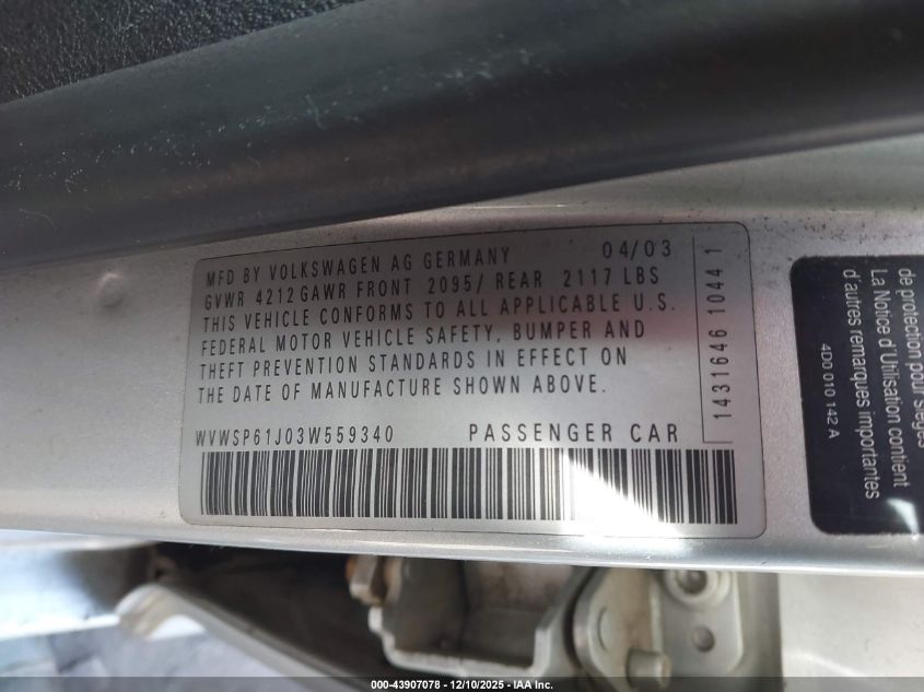2003 Volkswagen Jetta Gls Tdi VIN: WVWSP61J03W559340 Lot: 43907078