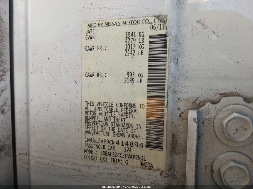 2012 Nissan Altima 2.5 S VIN: 1N4AL2AP9CN414894 Lot: 43907081