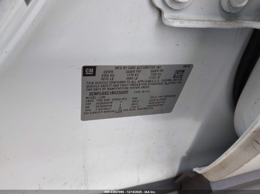 2011 Chevrolet Equinox Ltz VIN: 2CNFLGEC1B6239026 Lot: 43907090