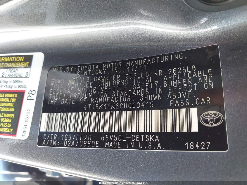 2012 Toyota Camry Se V6 VIN: 4T1BK1FK6CU003415 Lot: 43907092