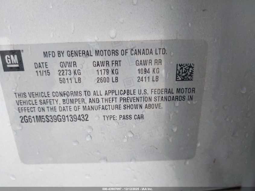 2016 Cadillac Xts Luxury Collection VIN: 2G61M5S39G9139432 Lot: 43907097