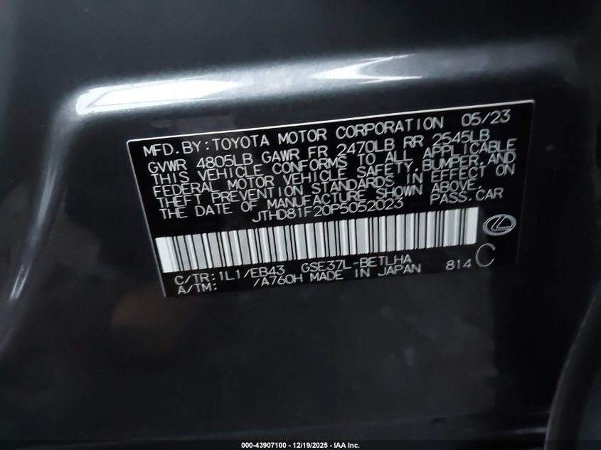 2023 Lexus Is 300 VIN: JTHD81F20P5052023 Lot: 43907100