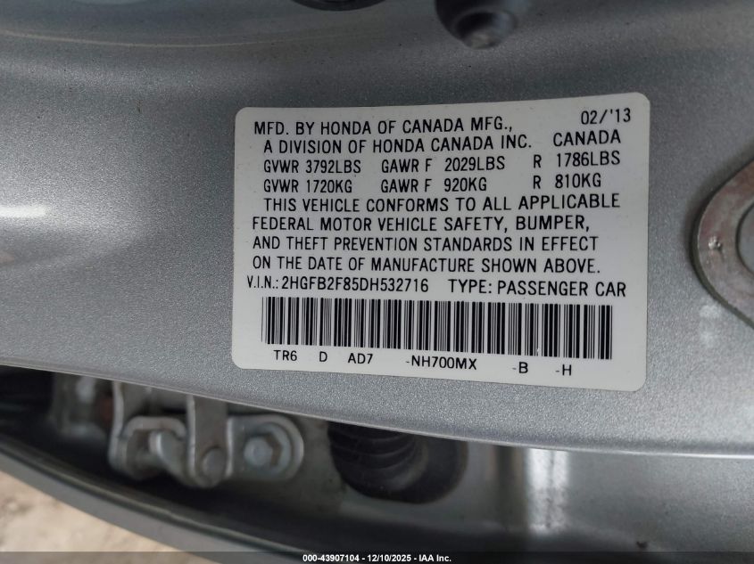 2013 Honda Civic Ex VIN: 2HGFB2F85DH532716 Lot: 43907104